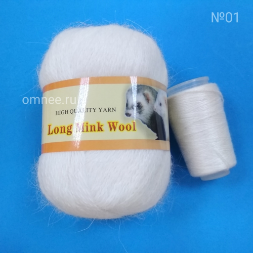 ''Пух норки'' Long mink wool, цвет: 01 белый, ангорский кролик 70%, полиакрил 30%, 50 гр. 350 м. Доп.нить в наборе, Китай